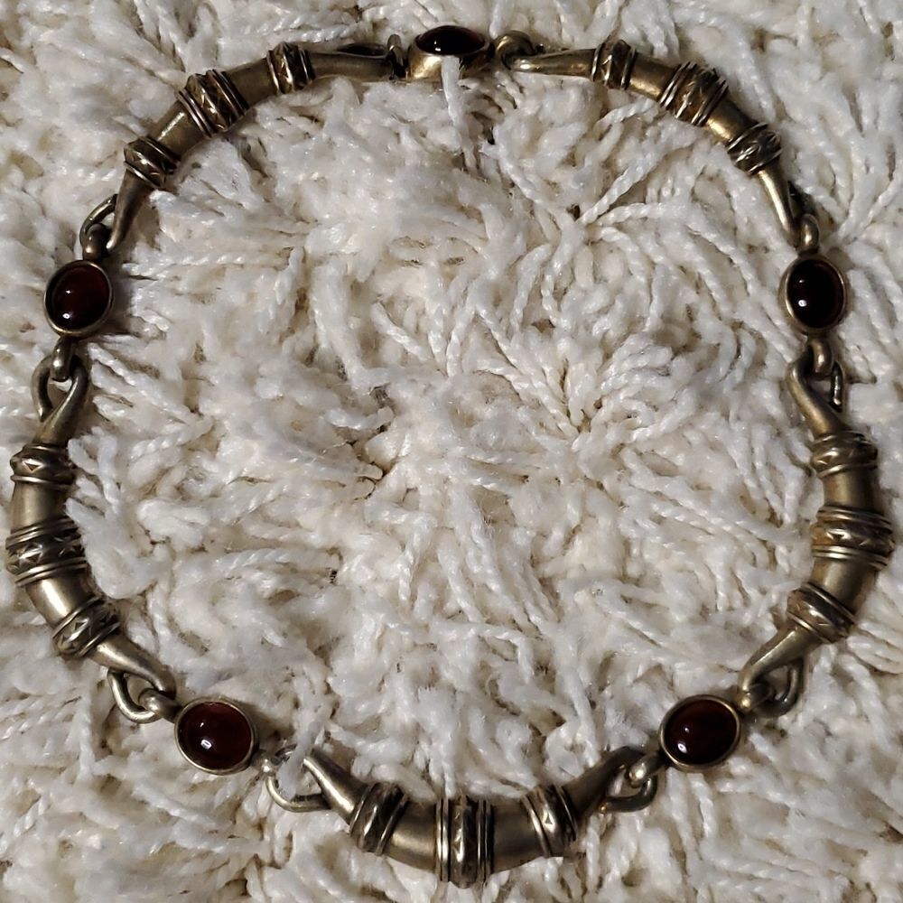 VINTAGE Brass Tone Choker Necklace with Red Cabochon Beads